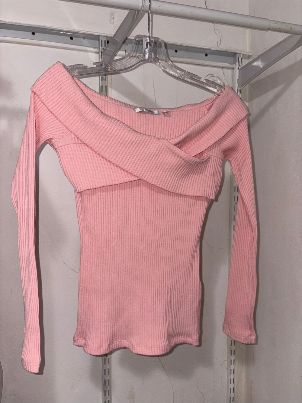 Guess Pink Ribbed Off-Shoulder Sweater Top